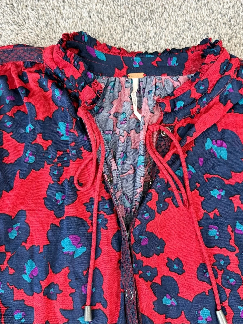 Free People Red Floral Print Button Front Mini Dress Boho Beach Oversize Size XS